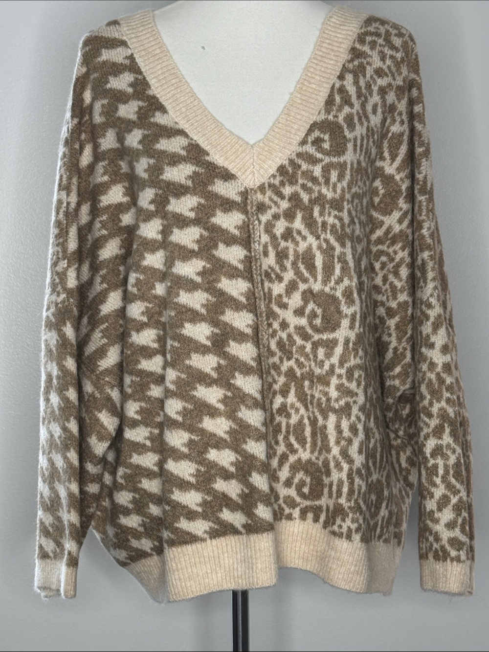 Neutral Beige Half Houndstooth/Animal Print super soft and comfy V-Neck Sweater